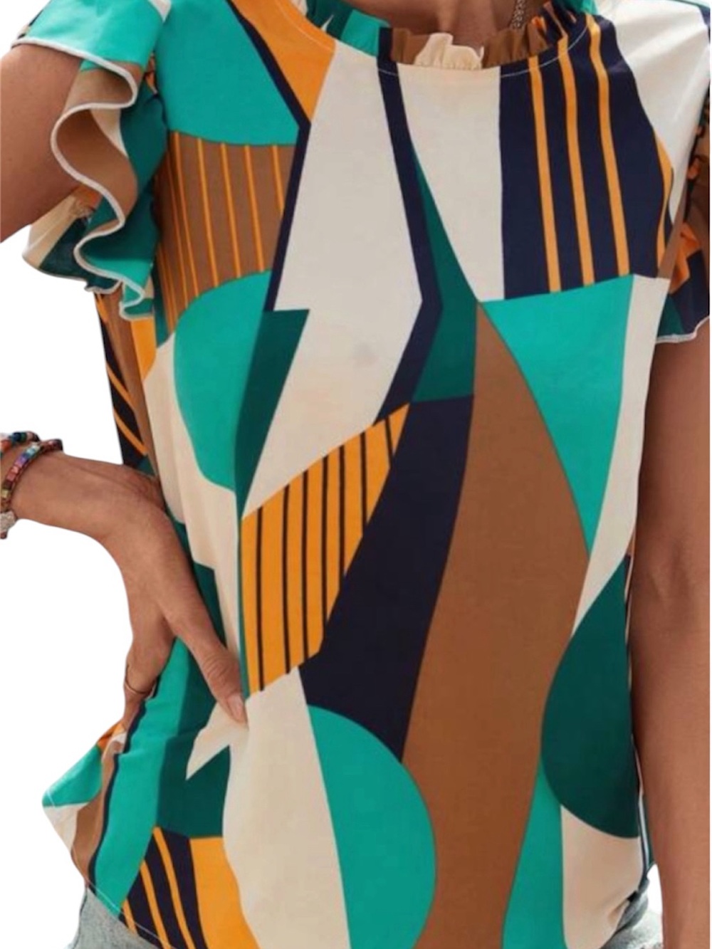Geometric Print Ruffle Sleeve Dress - Teal & Brown Women’s size M L390